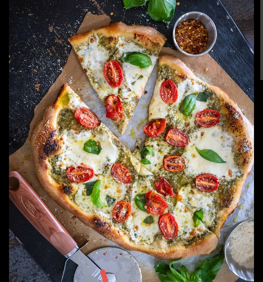 Pesto Pizza with Cherry Tomatoes